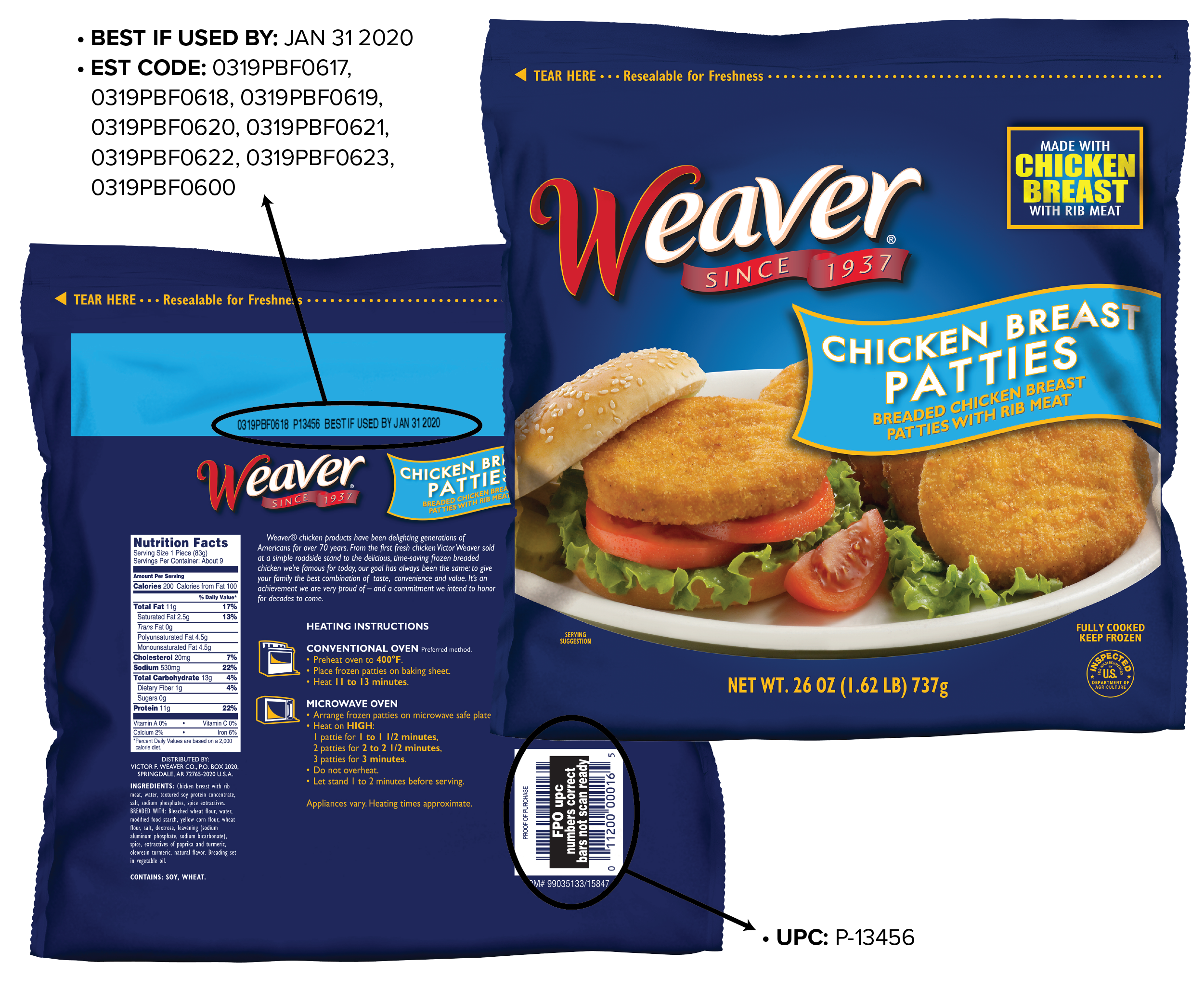 Where UPC and date code locations are on the Weaver® Brand Chicken Patties package.